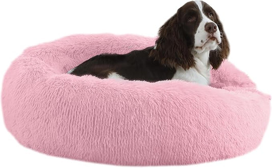 Bunlitent 30'' inch Calming Dog Bed, Anti-Anxiety Donut Small Medium Dog Bed, Warming Cozy Soft Cute Round Washable, Marshmallow Cuddler Nest Puppy Dogs and Cats Bed, Pink