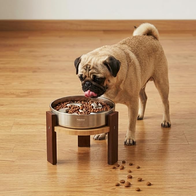 Elevated Dog Bowl Stand, 6'' Height Raised Stand for Medium Dogs, Includes 2Cups Stainless Steel Slow Feeder Dog Bowl, Durable Solid Hardwood