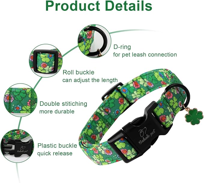 St Patricks Day Dog Collar for Medium Dogs - Lucky Flower Shamrock Green Dog Collars, Cute Irish Clover Puppy Collar with Quick Release Buckle for Girls&Boys Dogs M