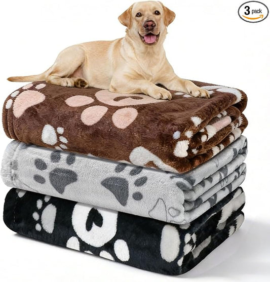 Dog Blankets 3 Pack for Large Medium Pet Cat, Soft Fuzzy Washable Blanket, 41 x 31 inch, Dog Blanket for Dogs Kennels & Beds, Sofas, Furniture, Gifts Puppy Essentials, Black/Brown/Gray