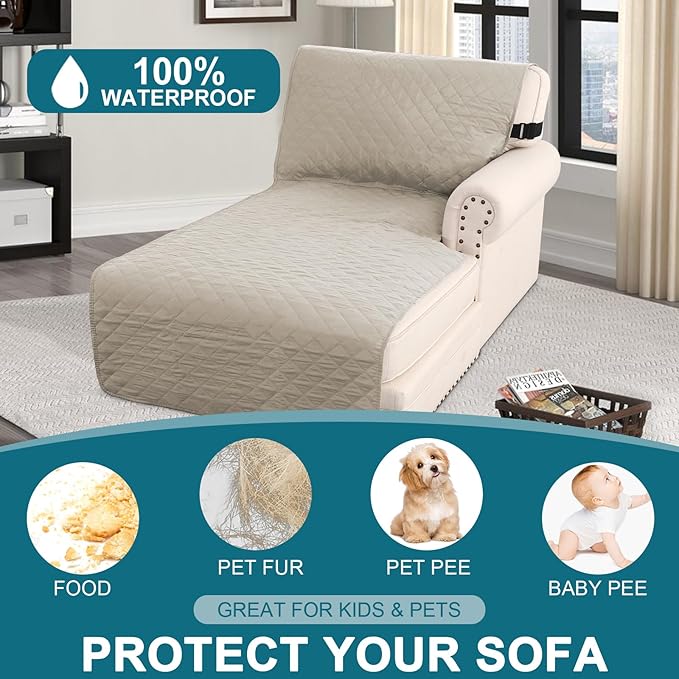 Turquoize 100% Waterproof Sofa Covers Chaise Lounge L Shape Sofa Protector Slip Cover Triple Non-Slip Sofa Slipcover for Sectional Couch Cover for Pets, Kids (Chaise, Pale Oak)