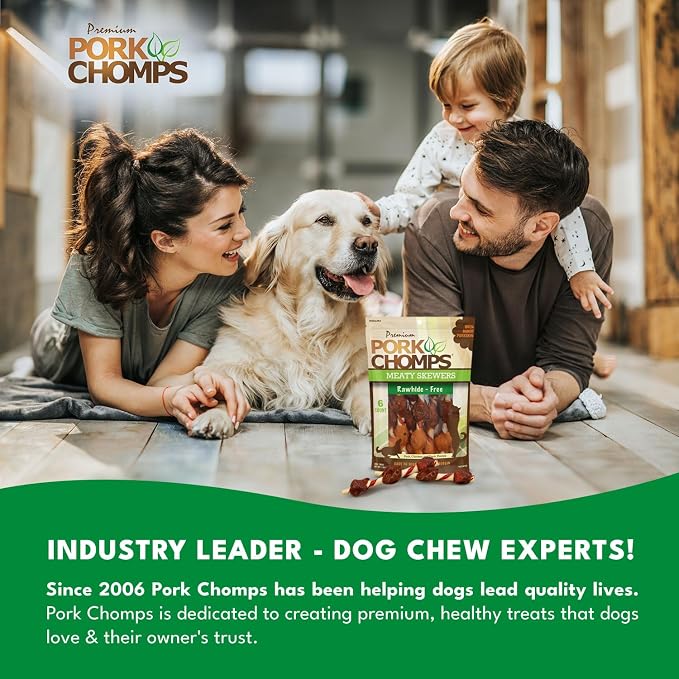 Pork Chomps Premium Meaty Skewers Dog Chews, 6 count - Pork Skin with Chicken & Duck - Long-Lasting Treats for Dogs - High Protein, Rawhide-Free, Low Fat, Healthy & Delicious, 3.98 oz (1 Pack)