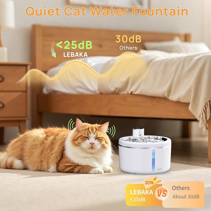Wireless Cat Water Fountain-[Stainless Steel Tray], 102oz/3L Pet Water Fountain for Cats Inside, Cat Fountain for Drinking with Motion Sensor, Ultra Quiet Pump, Cats & Dogs Gifts (102oz+8Filters)