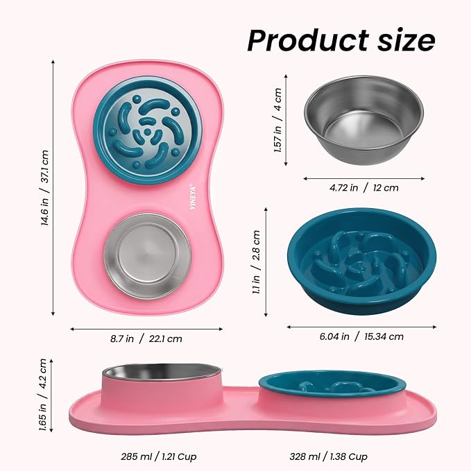 YINEYA 3 in 1 Slow Feeder Dog Bowls & Stainless Steel Food and Water Bowl with Non-Spill Dog Bowl Mat, Anti-Choking Puppy Bowls, Floor Safe & Easy Clean for Large Medium Small Dogs Cats