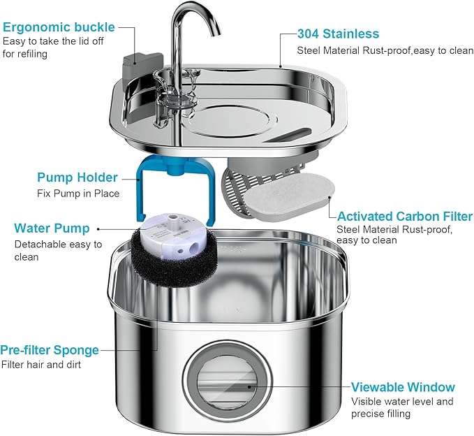 Cat Water Fountain Stainless Steel,108oz/3.2L Automatic Pet Water Fountain,Cat Fountain with Water Level Window,Water Fountains for Cats Indoor with 4 Replacement Filters and 4 Sponges