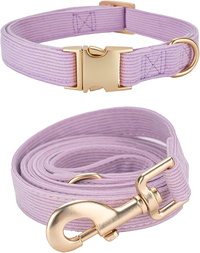 Soft Corduroy Dog Collar and Leash Set Adjustable Durable Dog Collars with Metal Buckle and Lead for Medium Dogs,Lilac