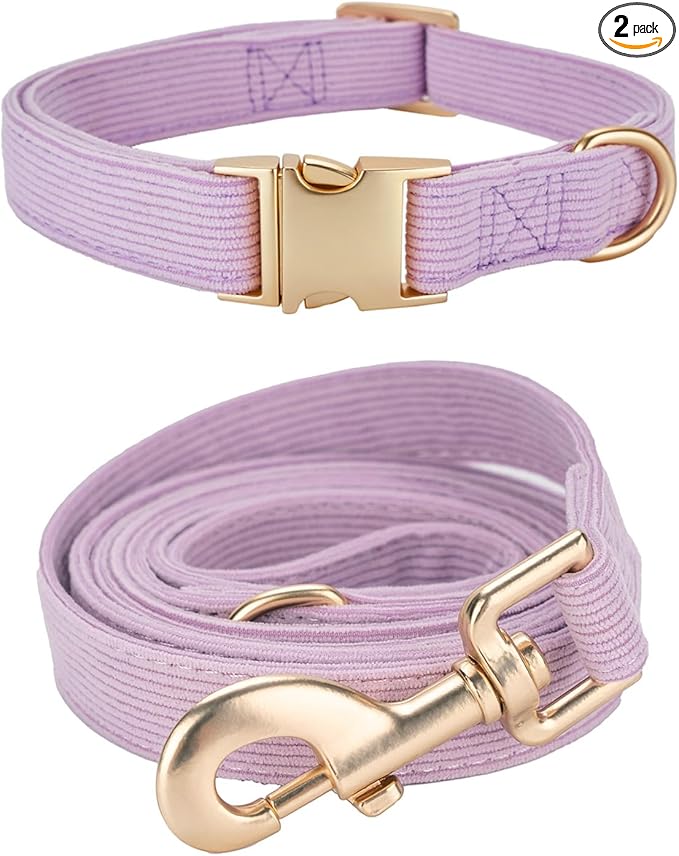 Soft Corduroy Dog Collar and Leash Set Adjustable Durable Dog Collars with Metal Buckle and Lead for Small Dogs,Lilac