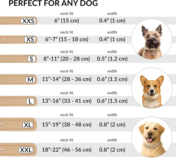 CollarDirect Rolled Leather Dog Collar, Soft Padded Round Puppy Collar, Handmade Genuine Leather Collar Dog Small Large Cat Collars 13 Colors (18-22 Inch, Beige Smooth)
