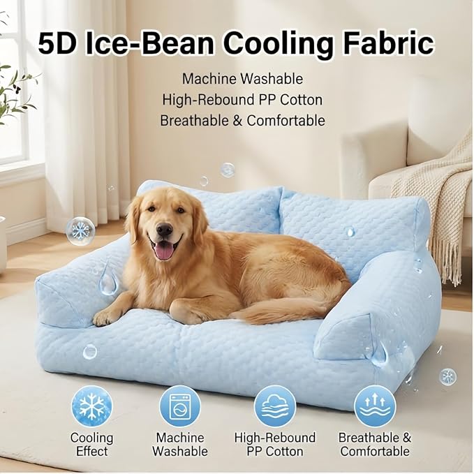 Cooling Dog Bed Cat Bed, Washable Pet Sofa Bed with 5D Breathable Fabric, Orthopedic Calming Bolster Bed for Small Medium Large Dogs & Cats, High-Resilience PP Cotton Blue 21.7"x15.7"x9.8"