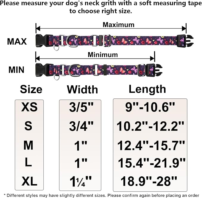 Martingale Collar with Buckle Purple Nylon Adjustable Cute Girl Female Dog Collars (Butterfly Floral, Medium)