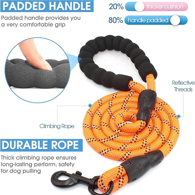 BAAPET 2/4/5/6 FT Dog Leash with Comfortable Padded Handle and Highly Reflective Threads for Small Medium and Large Dogs (5FT-1/2'', Orange)