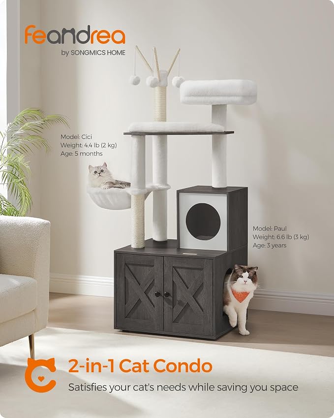 Feandrea Cat Tree with Litter Box Enclosure, 59-Inch Modern Cat Tower, 2-in-1 Condo with Scratching Posts, Washable Removable Cushion, Misty Gray UPCT113G02