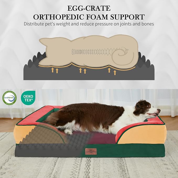 Comfort Expression Orthopedic Dog Bed for Extra Large Dogs 45x35 Inch, Waterproof Egg Crate Foam XL Pet Bed with Bolsters, Dog Couch with Washable Cover & Non-Slip Bottom, Watermelon Meadow