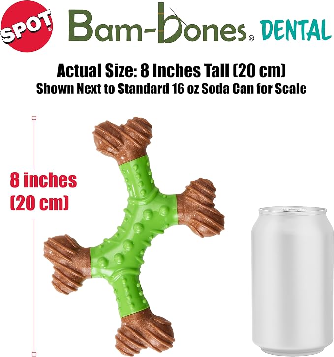 SPOT Bam-Bones Dental X-Bone Dog Chew – Bamboo Fiber with Massaging Rubber Center for Teeth Cleaning – 8in, Apple Flavor, for Light Chewers & Teething Puppies Under 40 lbs