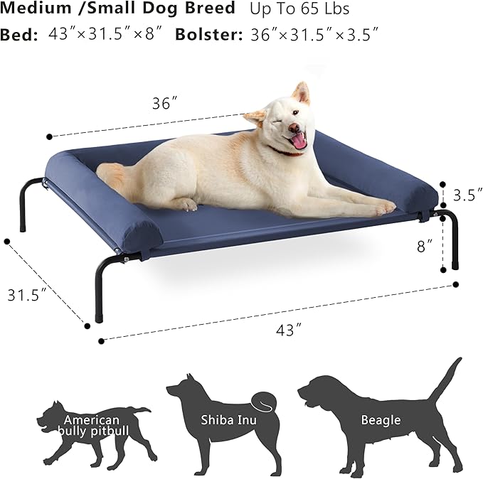 Cooling Elevated Dog Bed for Large Dogs, Outdoor Raised Dog Beds Portable Dogs Cot Bed W/Breathable Mesh, Pet Cots W/Removable Waterproof Bolster