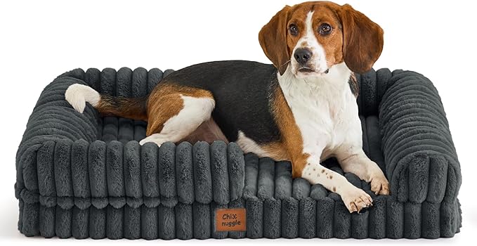 Orthopedic Dog Bed for Large Dogs, Washable Dog Bed with Faux Rabbit Fur Waterproof Cover, High Density Egg Crate Foam Support with 3-Sided Bolsters for Senior Dogs, Non-Skid Bottom,35x28x7, Dark Grey