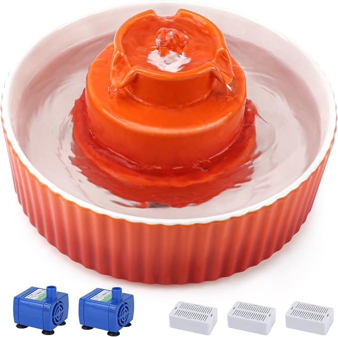 Lawfery Ceramic Cat Water Fountain, 2.1L/71oz Cat Fountain with 3 Carbon Filters and 2 Water Pumps, Cupcake Pet Water Fountain for Cats and Dogs (Orange)