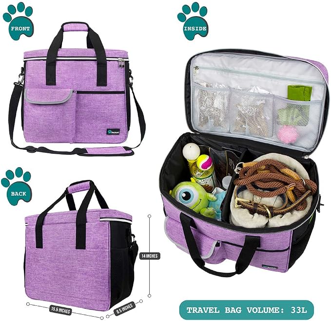 PetAmi Dog Travel Bag Organizer, Pet Travel Kit with 2 Food Containers & 2 Collapsible Dog Bowls, Pet Supplies Tote with Luggage Sleeve, Weekend Road Trip Camping Essentials, Purple, Large