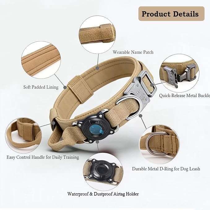Upgraded AirTag Dog Collar,Waterproof Tactical Dog Collar with AirTag Holder, Control Handle and Metal Buckle,Heavy Duty Dog Collars for Large Dogs(Brown，M