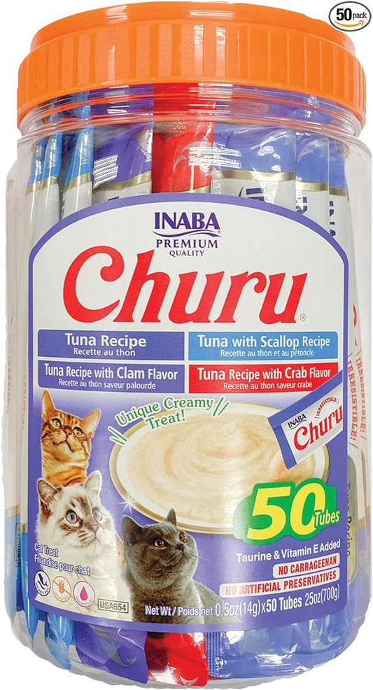 INABA Churu Cat Treats, Lickable, Squeezable Creamy Purée Cat Treat with Green Tea Extract & Taurine, 0.5 Ounces Each Tube, 50 Tubes, Tuna & Seafood Variety