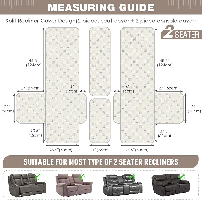 TAOCOCO Loveseat Recliner Cover with Console, Non-Slip Split Reclining Pet Cover for Dual Loveseat Recliner, Furniture Protector with Elastic Straps (2 Seater, Off White)