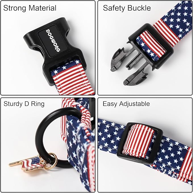 DOGWONG Patriotic Flag Dog Collar, 4th of July American Flag Dog Collars, Adjustable Cute Patriotic Pet Collars Fourth of July Design Dog Collar for Small Medium Large Dogs