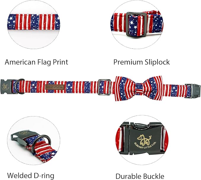 Elegant little tail Independence Dog Collar, Holiday Pet Collars with Bow Durable Patriotic Pet Collars Adjustable Dog Collar for Small Dogs