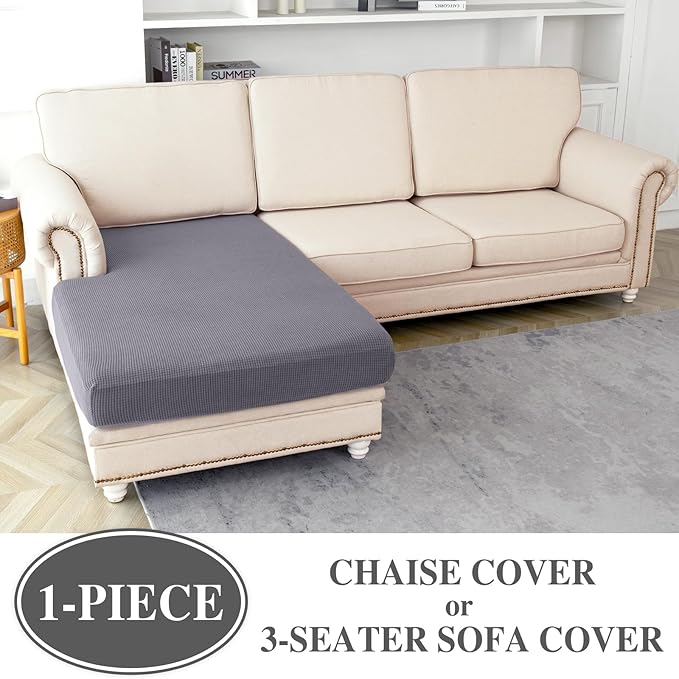 LA MEACK Couch Cushion Cover Chaise Lounge Cover Washable Separate Seat Chaise Couch Cover Stretch Sectional Sofa Slipcover(1 Piece for Chaise or Sofa 3-Seater, Light Grey)