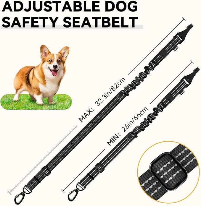 Pawaboo Dog Seatbelt for Car, 3-in-1 Dog Seat Belt Bungee, Shockproof Dogs Tether for Car with Buckle & Hook Latch, Adjustable Reflective Dogs Cars Harness Leash with 360° Lockable Buckle, Black