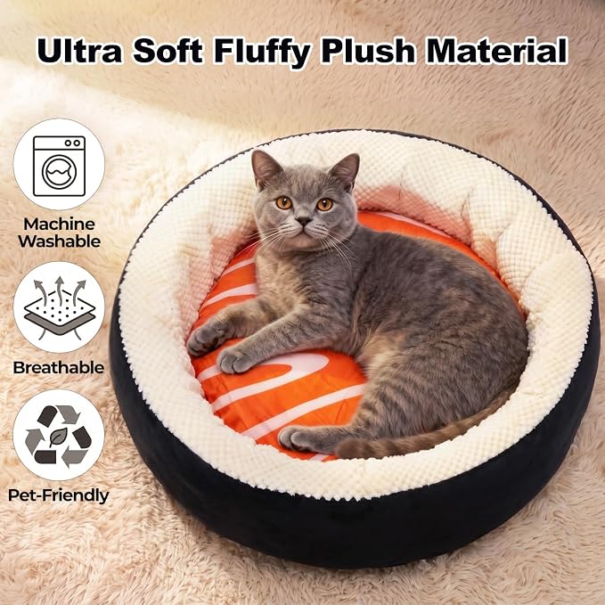 Cat Bed for Indoor Cats, 21" Washable Round Pet Bed for Cats & Small Dogs, Sushi Soft Fluffy Calming Bed for Kitten and Puppy with Anti-Slip Base