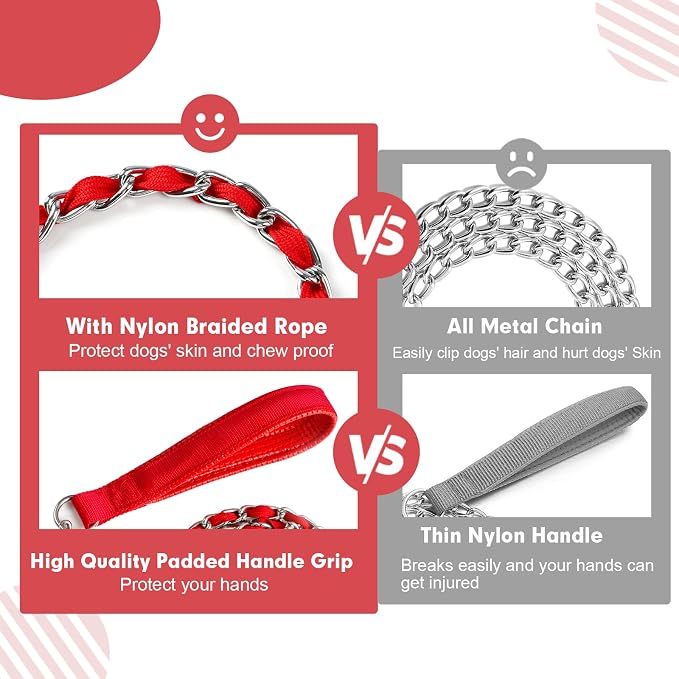 Heavy Duty Metal Dog Chain Leash with Comfortable PU Leather Padded Handle, Chew Proof for Medium Large Pooch Walking Training (4FT 3.5mm Red)