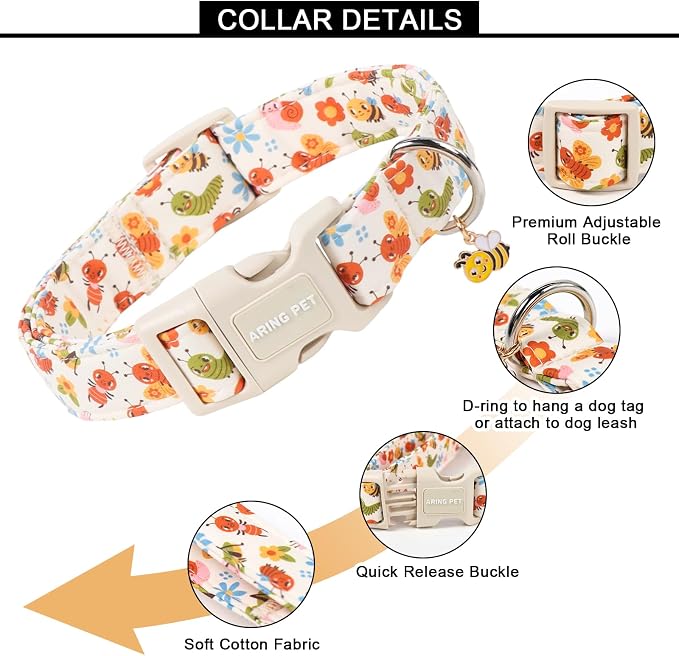 ARING PET Dog Collar, Cute Spring Summer Insects Bee Floral Doggy Collars with Quick Release Buckle for Puppy Small Medium Large Dogs-XS