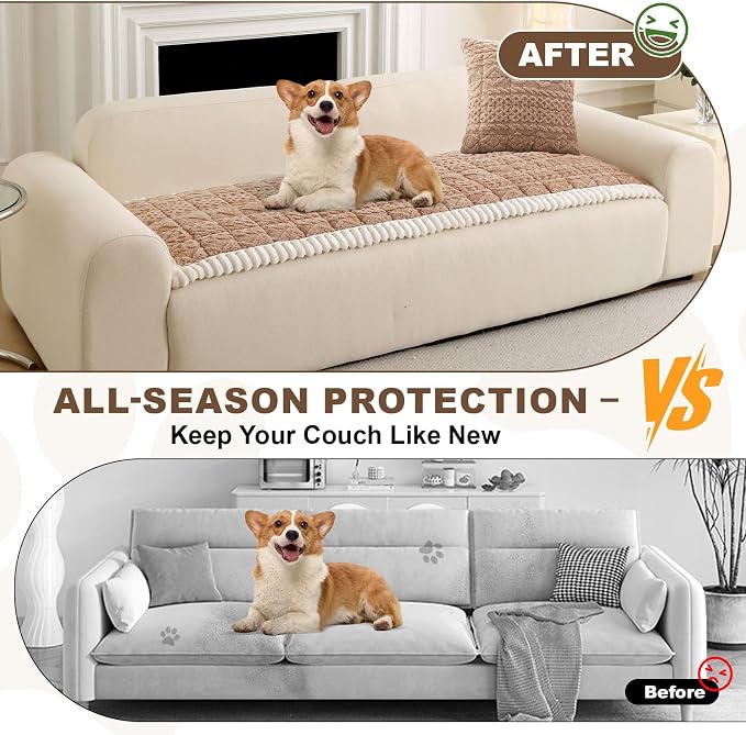 OTOB All Seasons Sofa Covers for 3 Cushion Couch Washable, Geometric Jacquard Fuzzy Non-Slip Pet Couch Cover, Kids Pet Friendly Soft Plush Sofa Slipcovers Dog Bed Mats (Camel, 27.6" x 70.9")