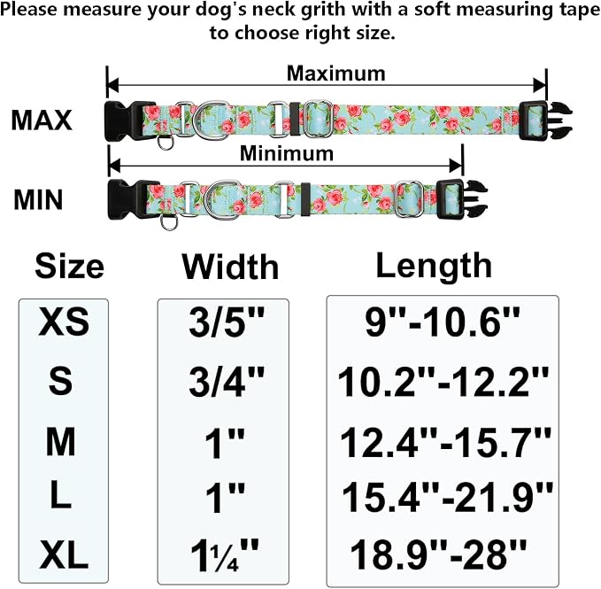 Martingale Collar for Dogs with Buckle Pink Floral Dog Collar No Pull Cute Girl Female Dog Collars for Extra Small Dogs, Green Rose
