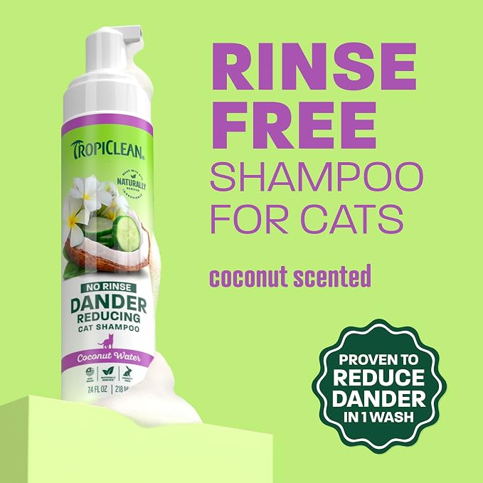 TropiClean No Rinse Waterless Cat Shampoo | Dandruff Treatment | Moisturizing Dry Shampoo for Dry Skin | USA Made | Aqua de Coco Scent | 7.4oz.