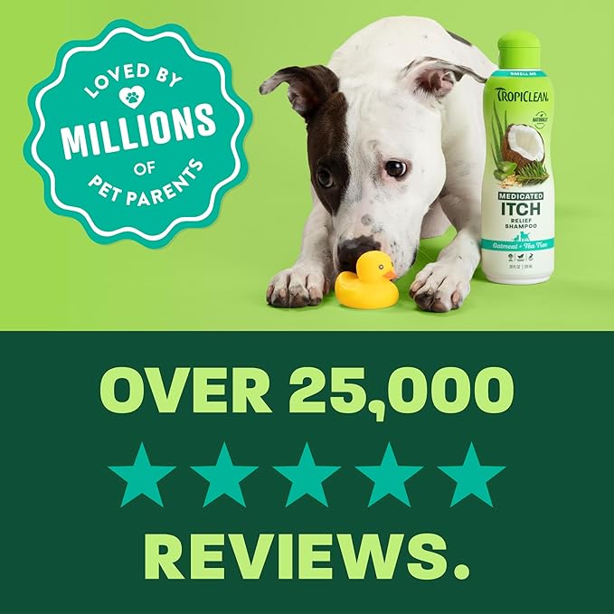 TropiClean Oatmeal Dog Shampoo for Itchy Skin Relief, Soothing Medicated Itch Relief, with Vitamin E, Puppy Safe, Made in USA, Cat Friendly, 20 oz.