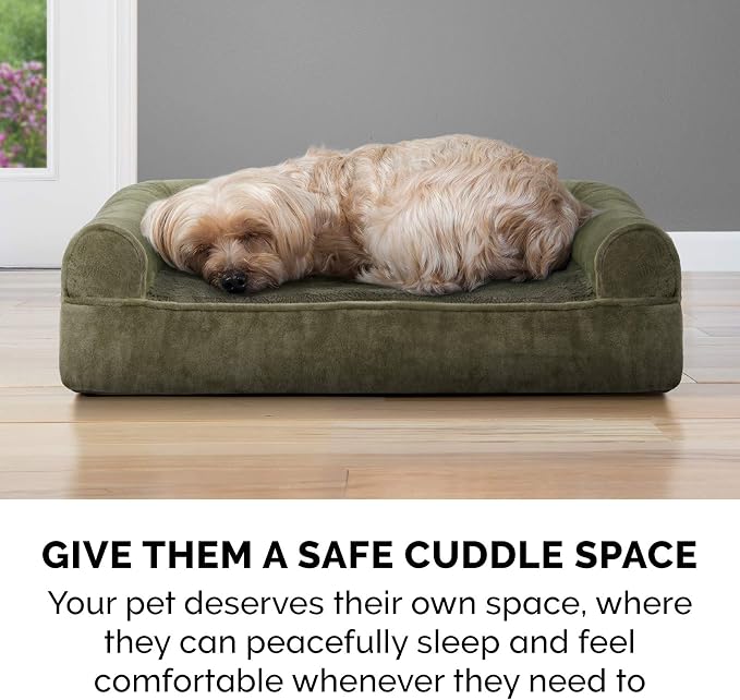 Furhaven Orthopedic Dog Bed for Large Dogs w/ Removable Bolsters & Washable Cover, For Dogs Up to 125 lbs - Faux Fur & Velvet Sofa - Dark Sage, Jumbo Plus/XXL