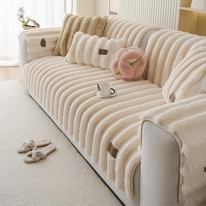 Fuzzy Rabbit Plush Sofa Cover Thick Soft Fur Sectional Couch Cover Furry Fluffy Cushion Cover Non-Slip Sofa Slipcovers Vertical Stripe Furniture Protector for Dogs Cats(Cream,36"x70")