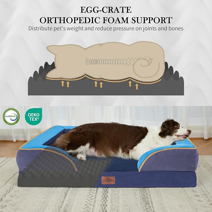 Comfort Expression Orthopedic Dog Bed for Extra Large Dogs 45x35 Inch, Waterproof Egg Crate Foam XL Pet Bed with Bolsters, Dog Couch with Washable Cover & Non-Slip Bottom, Hidden Bay