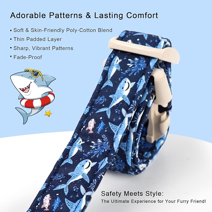 Blue Shark Dog Collar, Cute Boy Dog Collars for Large Dogs - Summer Ocean Pattern Female Male Dogs Collar, Durable Adjustable Pet Cartoon Collars with Quick Release Buckle L