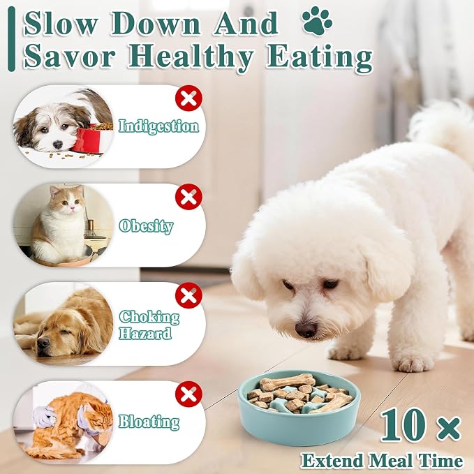 Ceramic Slow Feeder Dog Bowls, 0.6 Cups Dog Food Dish for Small and Medium Breed, Puzzle Dog Food Bowl for Fast Eater, 15OZ, 6.3 inch(Light Green)