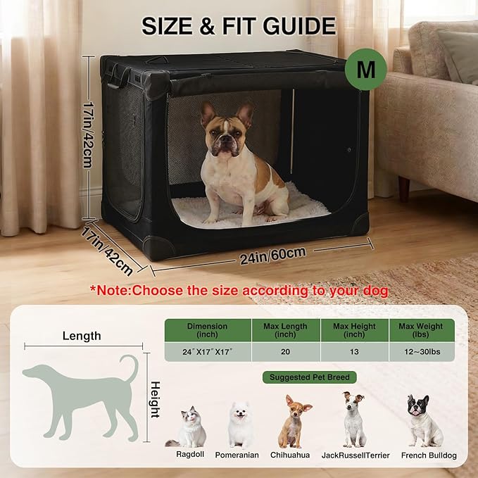 Veraste 24" L x 17" W x 17" H Collapsible Travel Dog Crate, Portable Soft Dog Kennel for Small Medium Pets up to 30 lbs, 4-Door Foldable Travel Crate with Durable Mesh & Storage Bag, Black