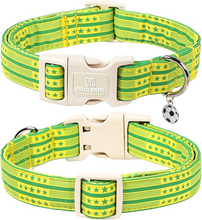 World Cup Brazil Dog Collar with Soccer Pendant, 5-Star Champion Pattern for Small Girl Boy Dogs, Brazil Jersey Style, Adjustable Soft Durable Collar Gift for Male Female Puppy