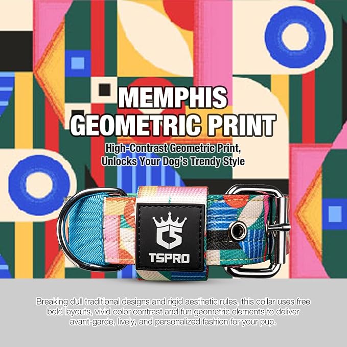 TSPRO Tactical Heavy Duty Dog Collar 1.5 Inch Wide & Thick, Durable Metal Buckle, Adjustable for Medium to Large Dogs, Strong & Comfortable for Daily Use (Memphis Geometric Print, L)