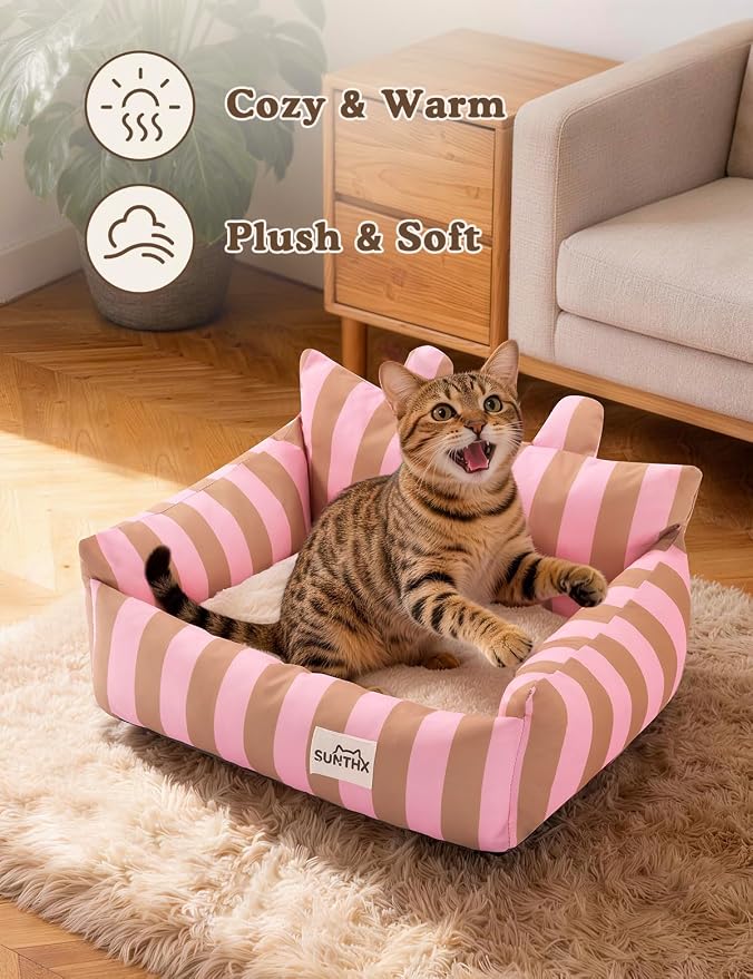 Cat Couch, Reversible Pet Bed for Indoor Cats – 2-Sided Cat Sofa with Oxford Fabric and Plush Fleece, Washable Small Dog Couch for Puppies and Senior Pets, Non-Slip Bottom, 22 inch, Pink Brown