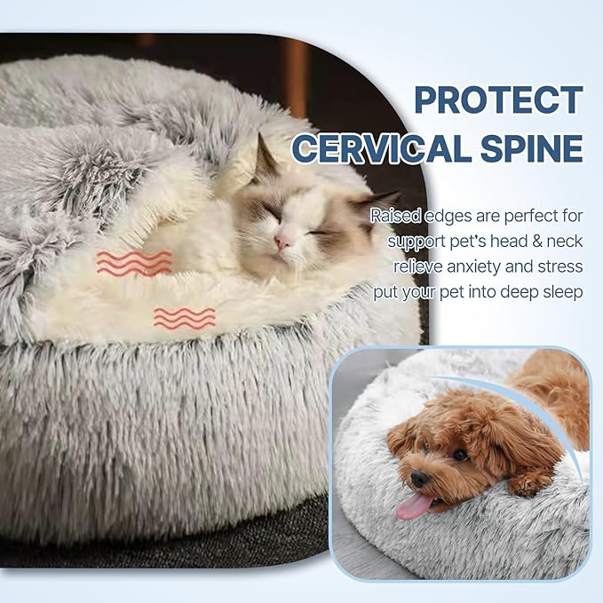 SUOXU Cat Beds for Indoor Cats,Plush Hooded Cat Cave for Puppy Kitty Small Dog Bed,Removable Washable Non-Slip Bottom Self Warming Round Fluffy Faux Fur Super Soft Calming Sleeping Pet Bed(Gray)