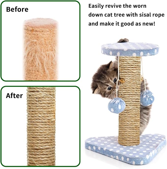 Natural Sisal Rope 1/4 Inch by 49-Feet for Cat Scratching Post Tree Tower Replacement Repair and Replace, DIY Hemp Twine Rope for Kittens Shelves Furniture Window Bed Perch Climbing, 6mm by 15m