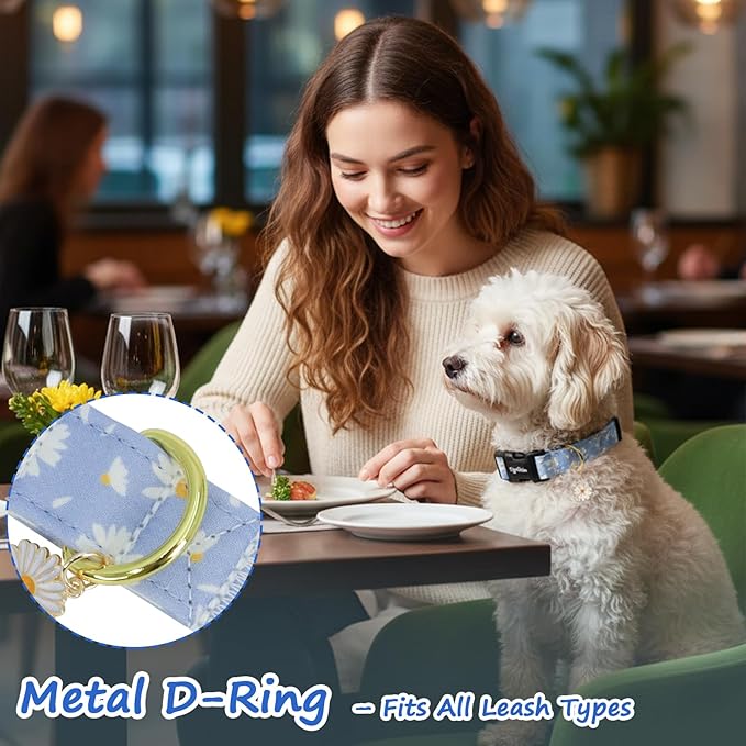 Dog Collar with Daisy Patterns, Spring Summer Collection Blue Dog Collar with Exquisite Pendant, Durable Adjustable Collars for Gifts & Daily Use-XS