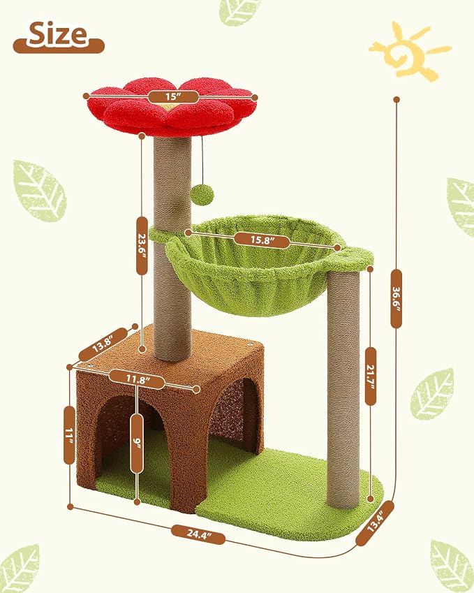 MUTTROS Flower Cat Tree with Sisal Scratching Posts, 35" Cute Cat Tower with Large Green Hammock for Small Indoor Cats, Cat Condo with Removable Flower Bed for Kittens, Brown