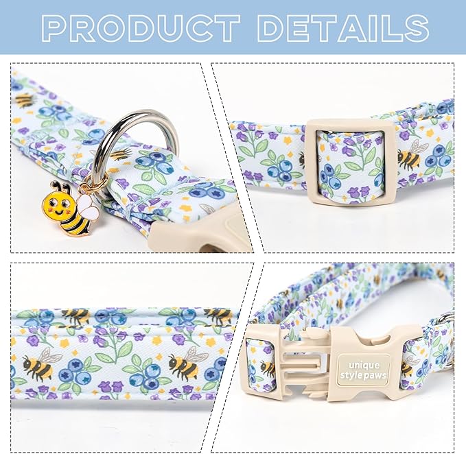 Unique style paws Dog Collar Plastic Buckle with Pendant Puppy Collar for Spring Summer Blueberry Bee for Small Medium Large Boys Girls Dogs